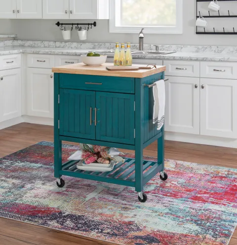 Green Wood Base with Wood Butcher Block Top Rolling Kitchen Cart