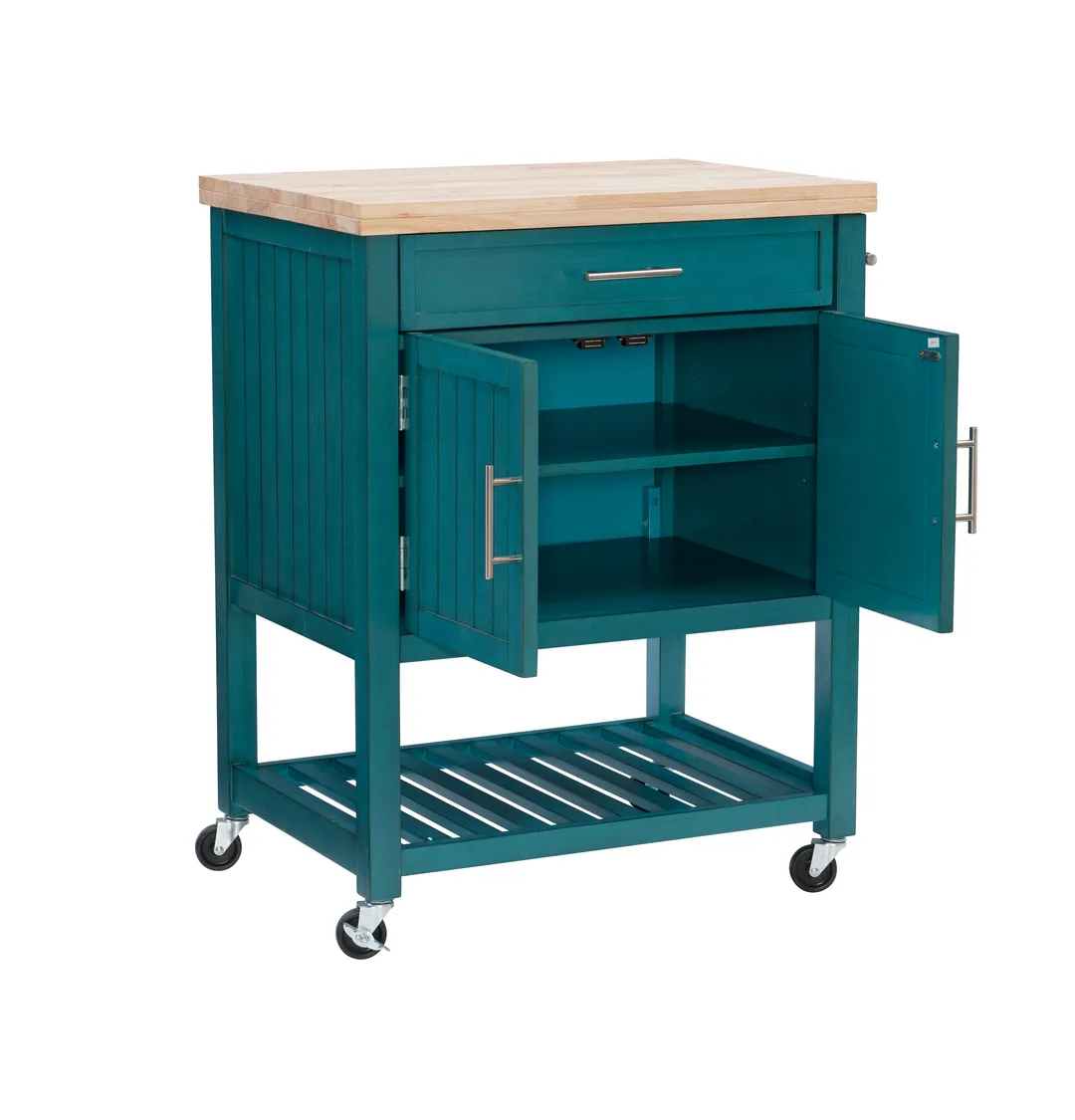 Powell Green Wood Base with Wood Butcher Block Top Rolling Kitchen Cart (28-in x 20.25-in x 33.5-in), photo 3 of 15