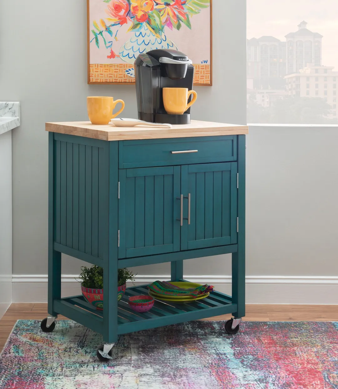 Powell Green Wood Base with Wood Butcher Block Top Rolling Kitchen Cart (28-in x 20.25-in x 33.5-in), photo 7 of 15