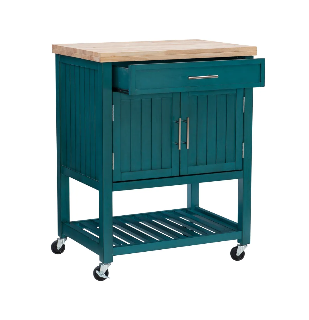Powell Green Wood Base with Wood Butcher Block Top Rolling Kitchen Cart (28-in x 20.25-in x 33.5-in), photo 4 of 15