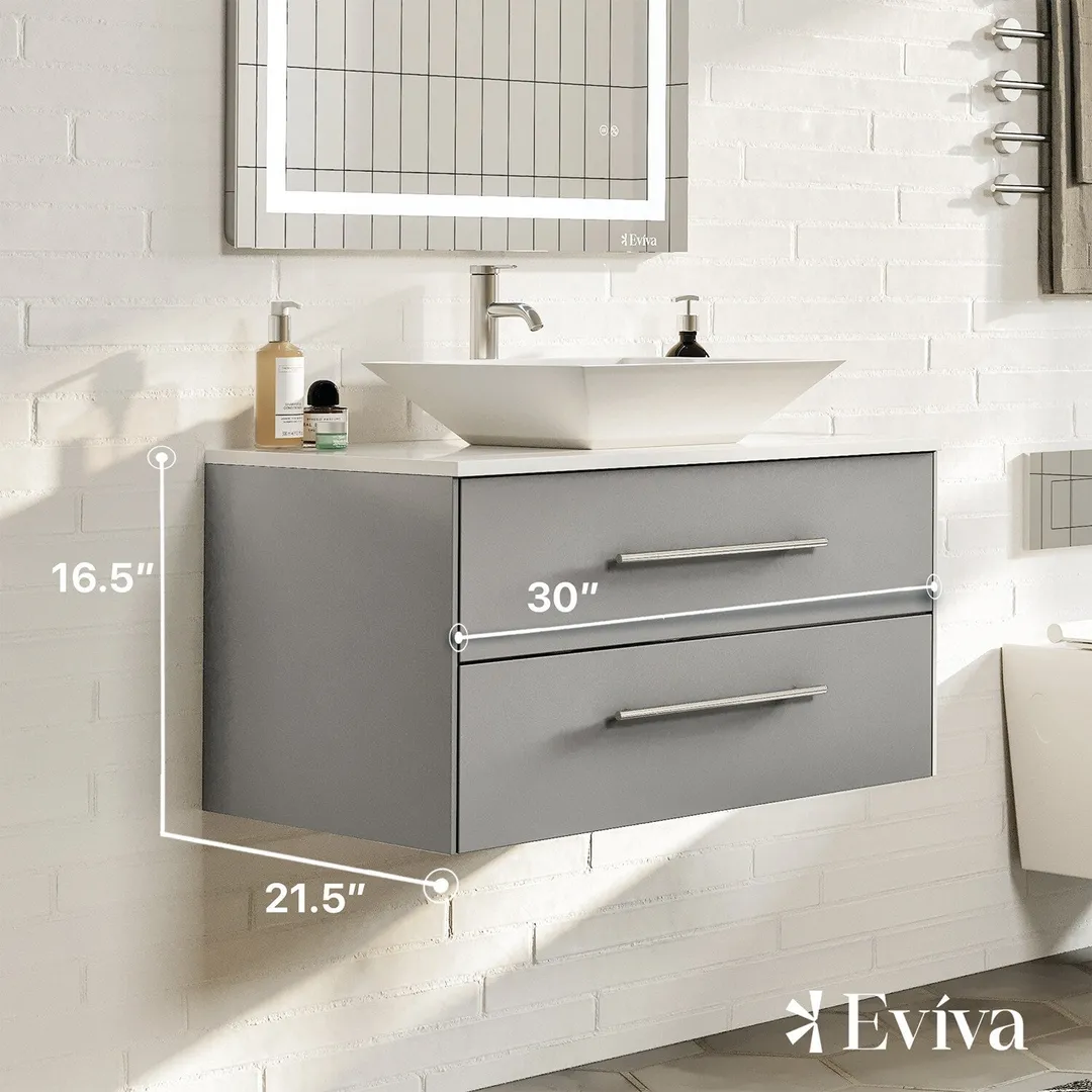 Eviva Totti Wave 30 in. W x 21.5 in. D x 16.5 in. H Floating Bathroom Vanity in Gray with White Glass Top and Vessel Sink, photo 2 of 7