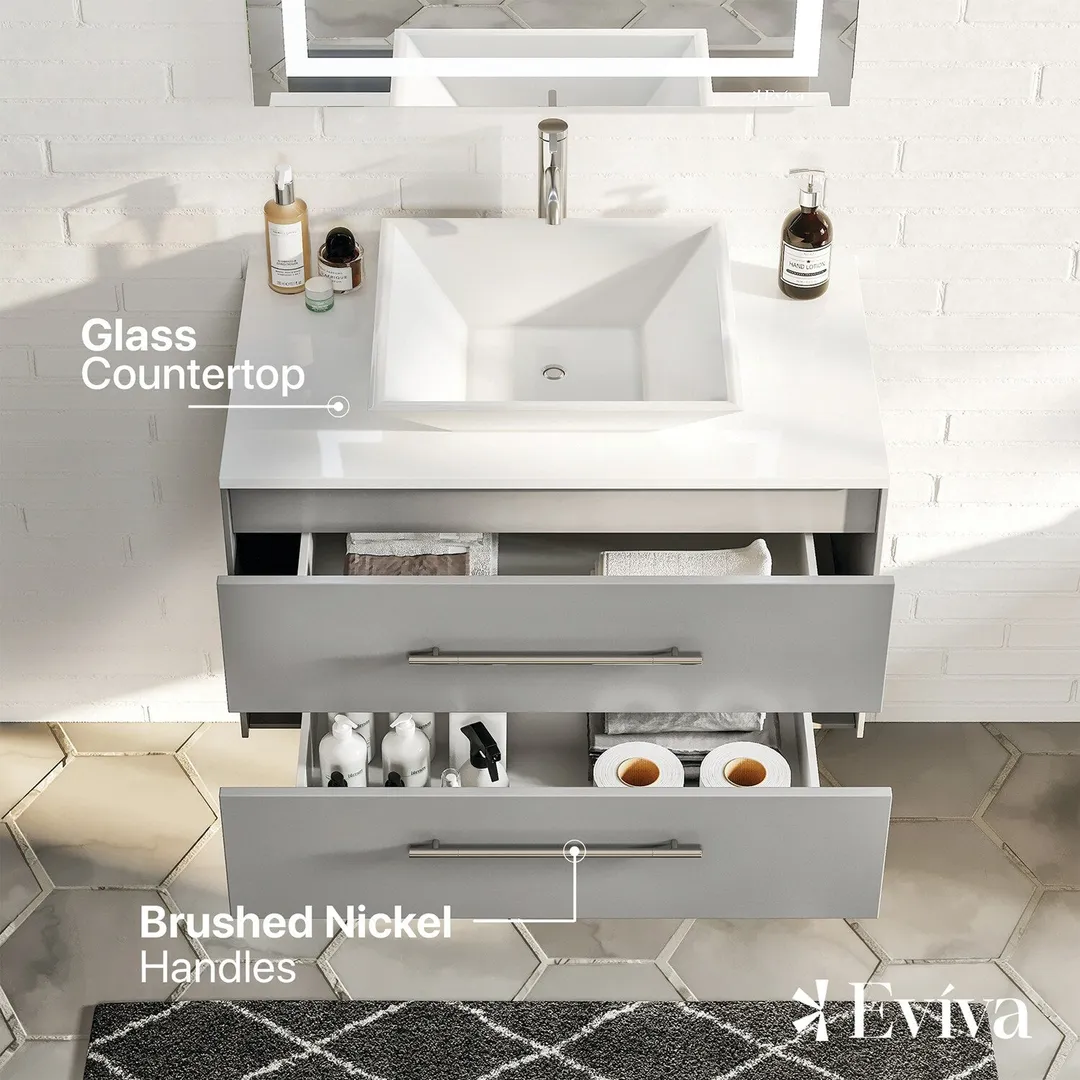 Eviva Totti Wave 30 in. W x 21.5 in. D x 16.5 in. H Floating Bathroom Vanity in Gray with White Glass Top and Vessel Sink, photo 3 of 7