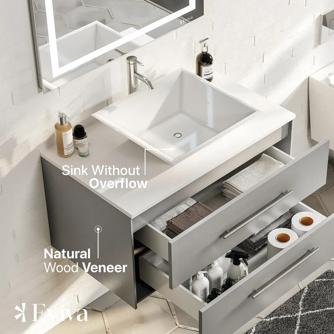 Eviva Totti Wave 30 in. W x 21.5 in. D x 16.5 in. H Floating Bathroom Vanity in Gray with White Glass Top and Vessel Sink, photo 4 of 7