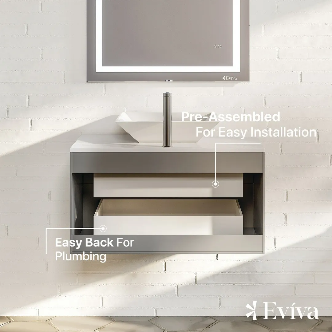 Eviva Totti Wave 30 in. W x 21.5 in. D x 16.5 in. H Floating Bathroom Vanity in Gray with White Glass Top and Vessel Sink, photo 6 of 7