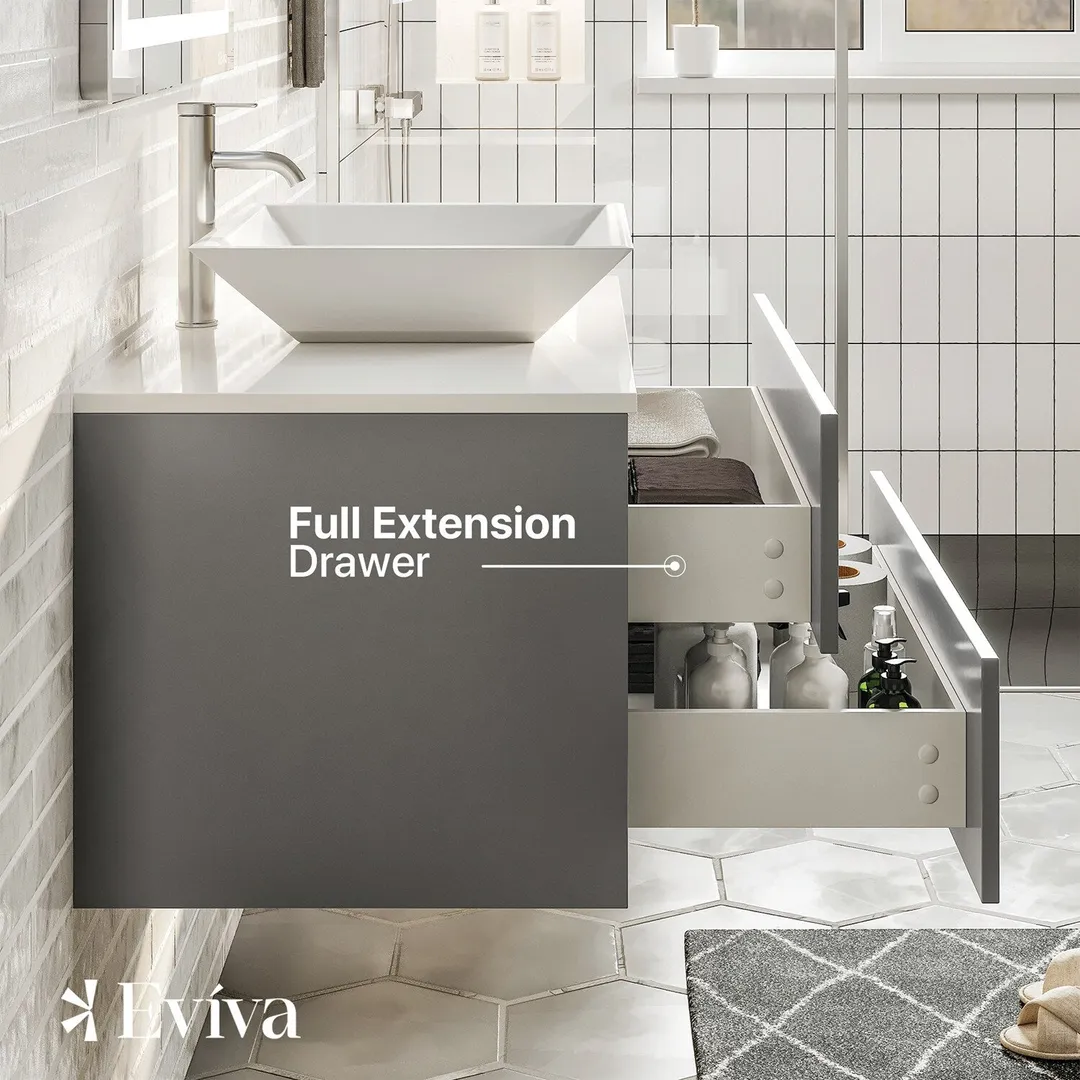 Eviva Totti Wave 30 in. W x 21.5 in. D x 16.5 in. H Floating Bathroom Vanity in Gray with White Glass Top and Vessel Sink, photo 5 of 7