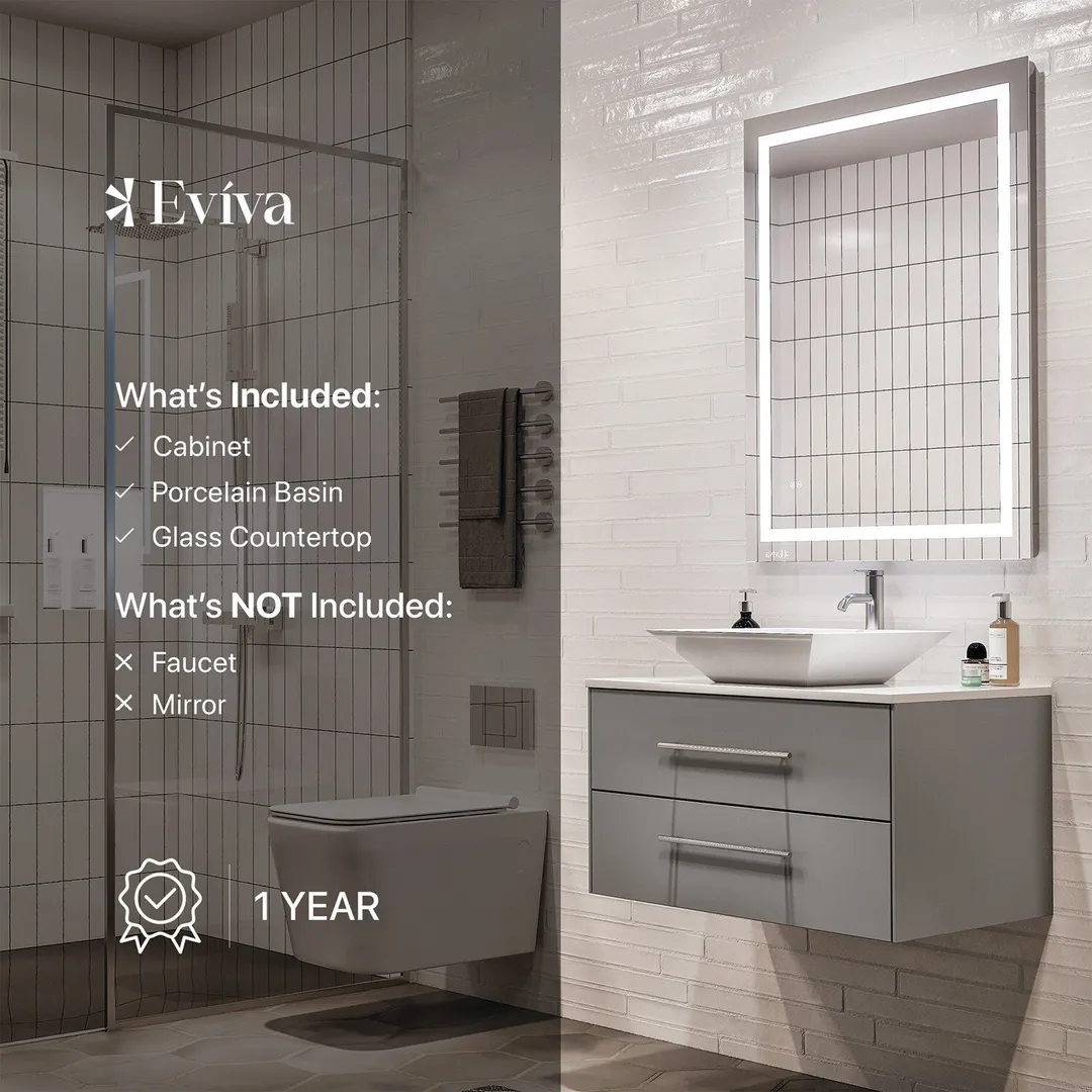 Eviva Totti Wave 30 in. W x 21.5 in. D x 16.5 in. H Floating Bathroom Vanity in Gray with White Glass Top and Vessel Sink, photo 7 of 7