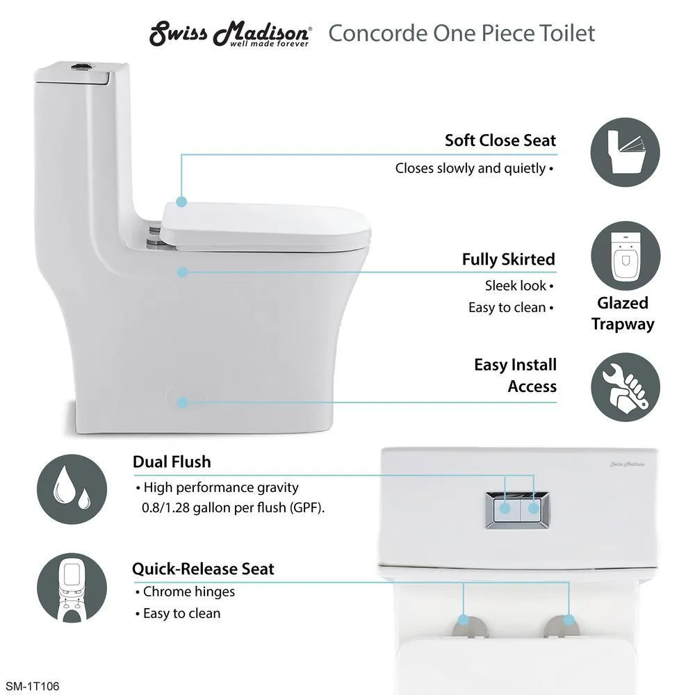 Concorde 1-Piece 0.8/1.28 GPF Dual Flush Square Elongated Toilet in White, photo 13 of 15