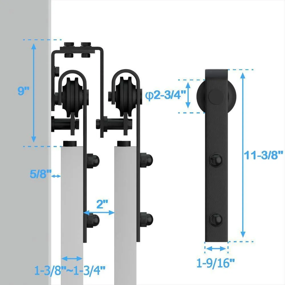WINSOON 12 ft./144 in. Powder Coated Black Heavy-Duty Bypass Double Door Sliding Barn Door Hardware Classic Design Roller, photo 7 of 7