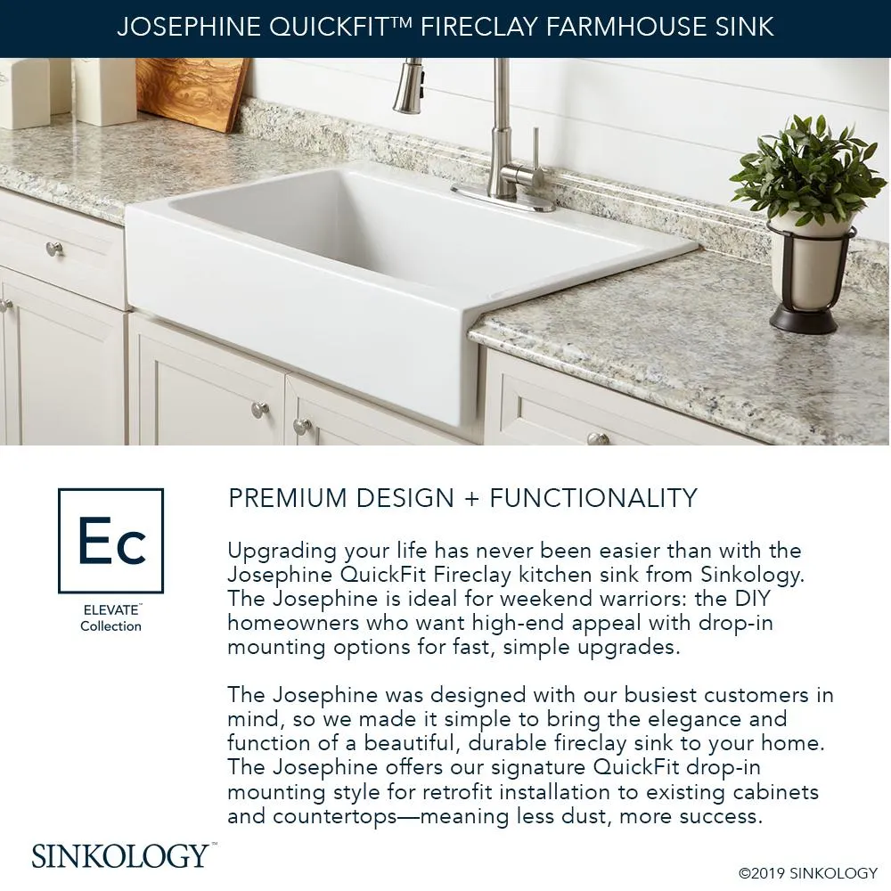Josephine Quick-Fit Drop-in Farmhouse Fireclay 33.85 in. 3-Hole Single Bowl Kitchen Sink in Crisp White, photo 4 of 24