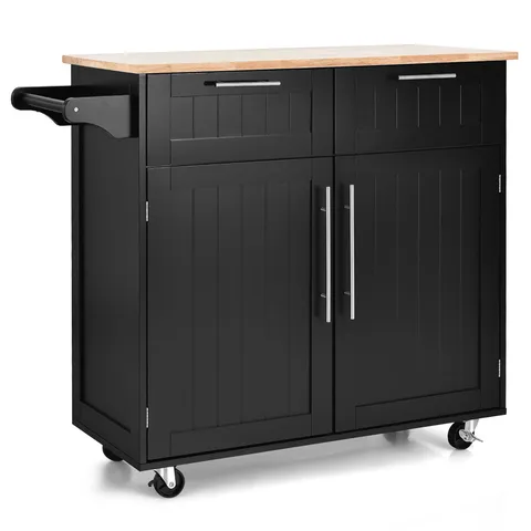 Black Wood Base with Wood Top Rolling Kitchen Cart (18 × 37 in)