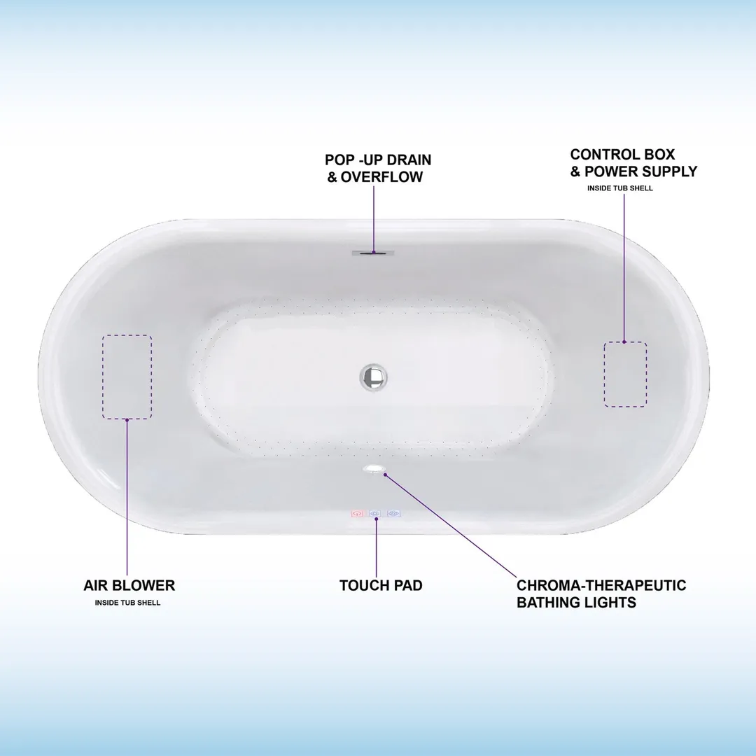 WOODBRIDGE Tion 59 in. Acrylic Freestanding Double-Ended Air Bath Bathtub with Chrome Drain and Overflow, White, photo 18 of 18