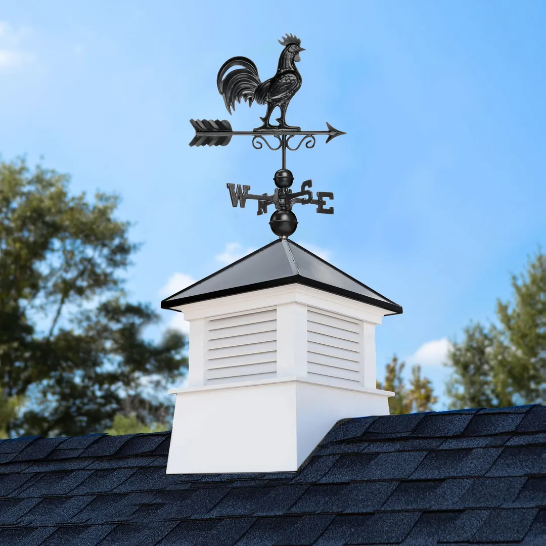 Good Directions Manchester Vinyl Cupola with Black Aluminum Roof and Black Rooster Weathervane, 26-in W x 59-in H, photo 2 of 8
