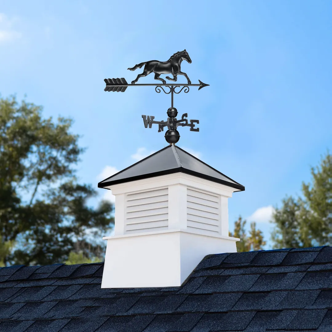 Good Directions Manchester 30-in x 64-in White Vinyl Cupola with Black Aluminum Roof and Black Horse Weathervane, photo 2 of 8