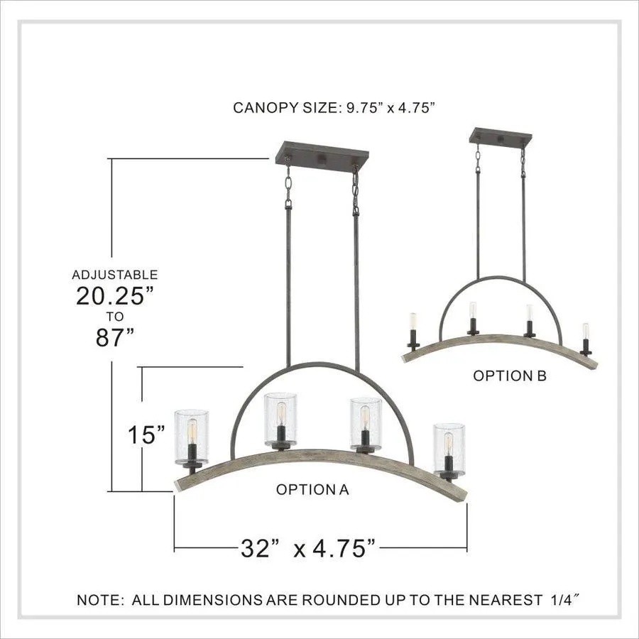 Quoizel Arley 4-Light Rustic Black and Faux Weathered Wood Farmhouse Chandelier, 32-in Linear, photo 7 of 14