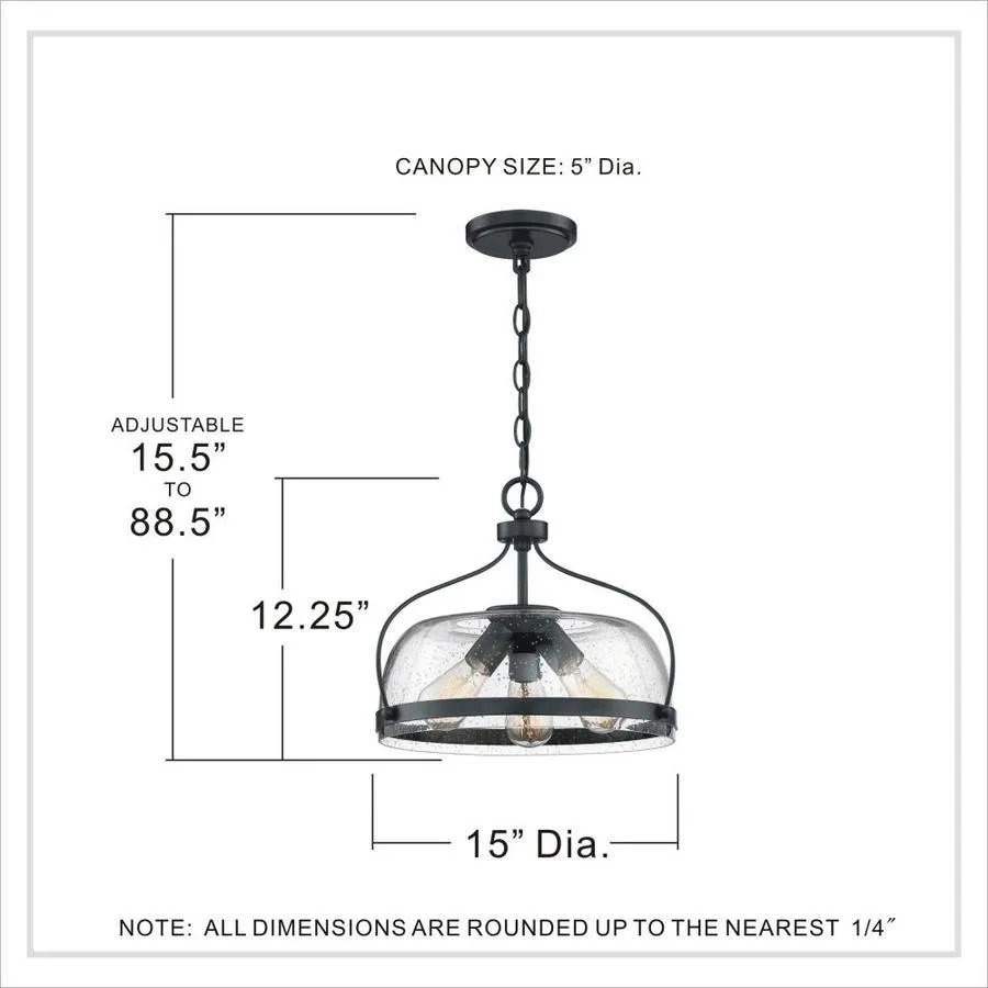 Quoizel Henderson 3-Light Matte Black Farmhouse Seeded Glass Bowl Pendant Light, 15-in, photo 3 of 12