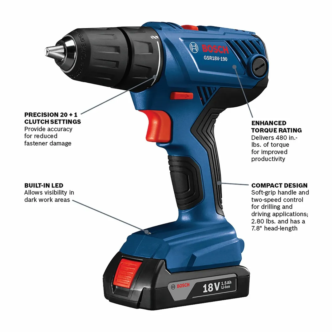 Bosch GSR18V-190B22 18-Volt 1/2-in Cordless Drill/Driver Kit with Charger and 2 Batteries, photo 2 of 8