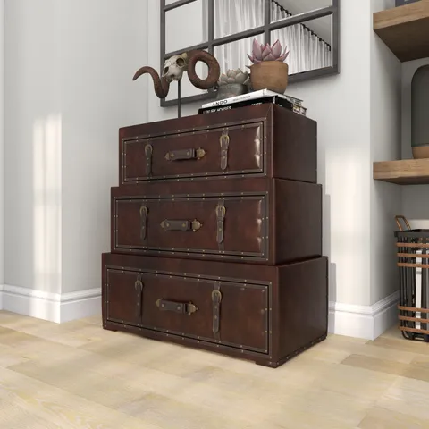 Brown Vintage Faux Leather 3-Drawer Accent Chest