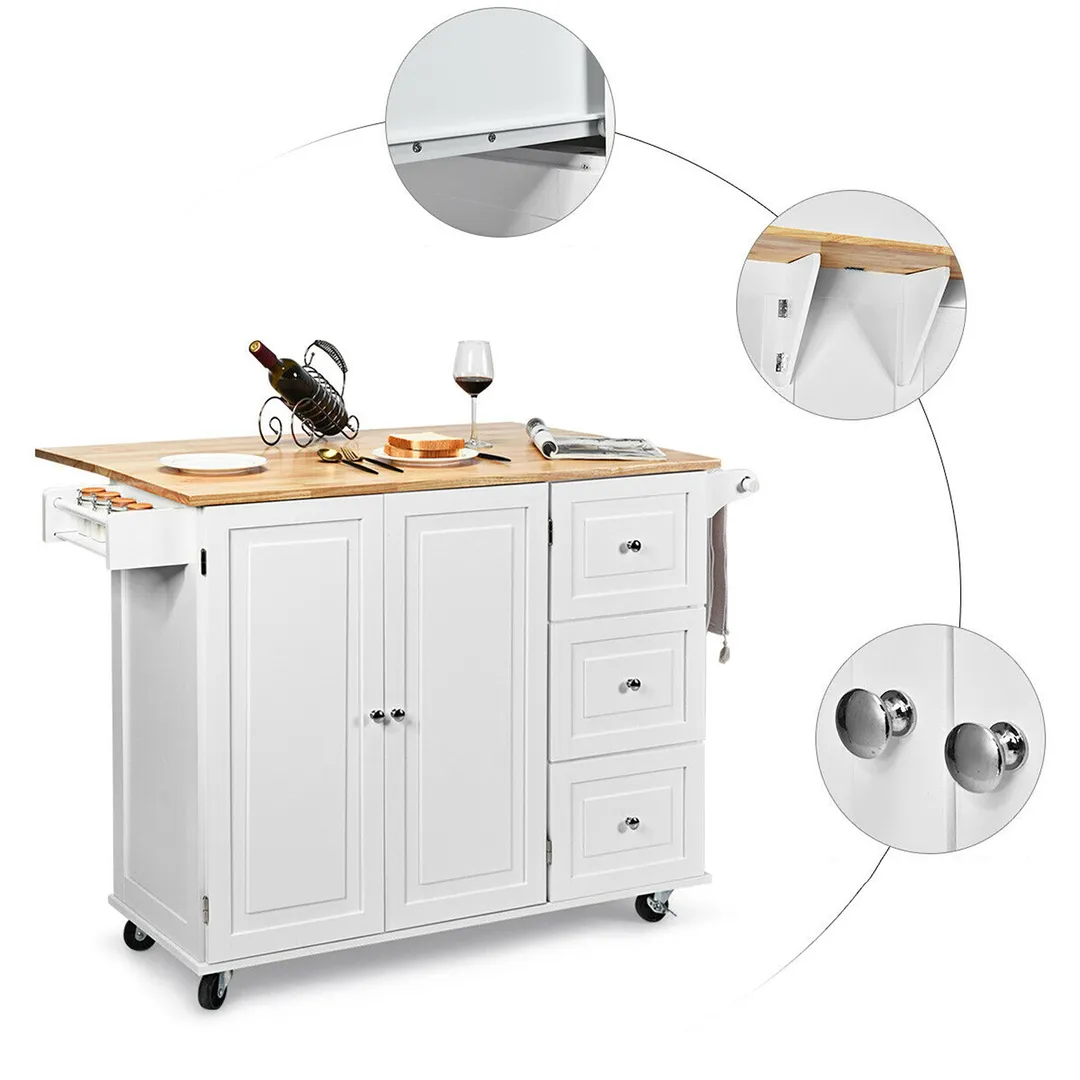 Goplus White Wood Base with Wood Top Rolling Kitchen Cart (30-in x 53.5-in x 36-in), photo 3 of 10
