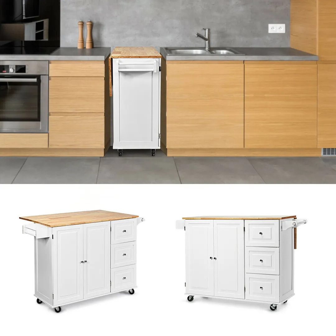 Goplus White Wood Base with Wood Top Rolling Kitchen Cart (30-in x 53.5-in x 36-in), photo 7 of 10