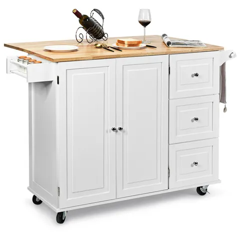 White Wood Base with Wood Top Rolling Kitchen Cart
