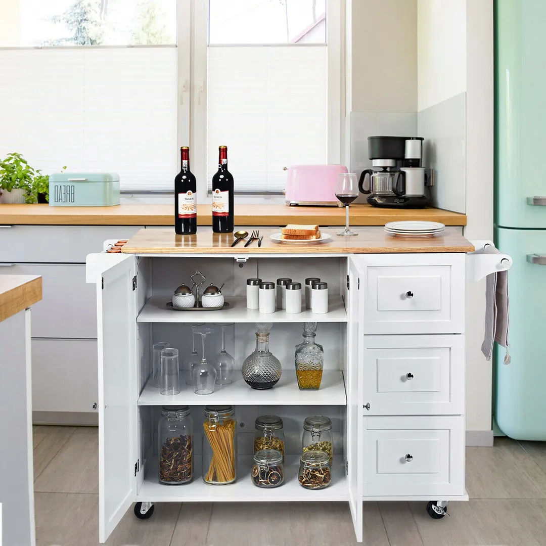 Goplus White Wood Base with Wood Top Rolling Kitchen Cart (30-in x 53.5-in x 36-in), photo 8 of 10