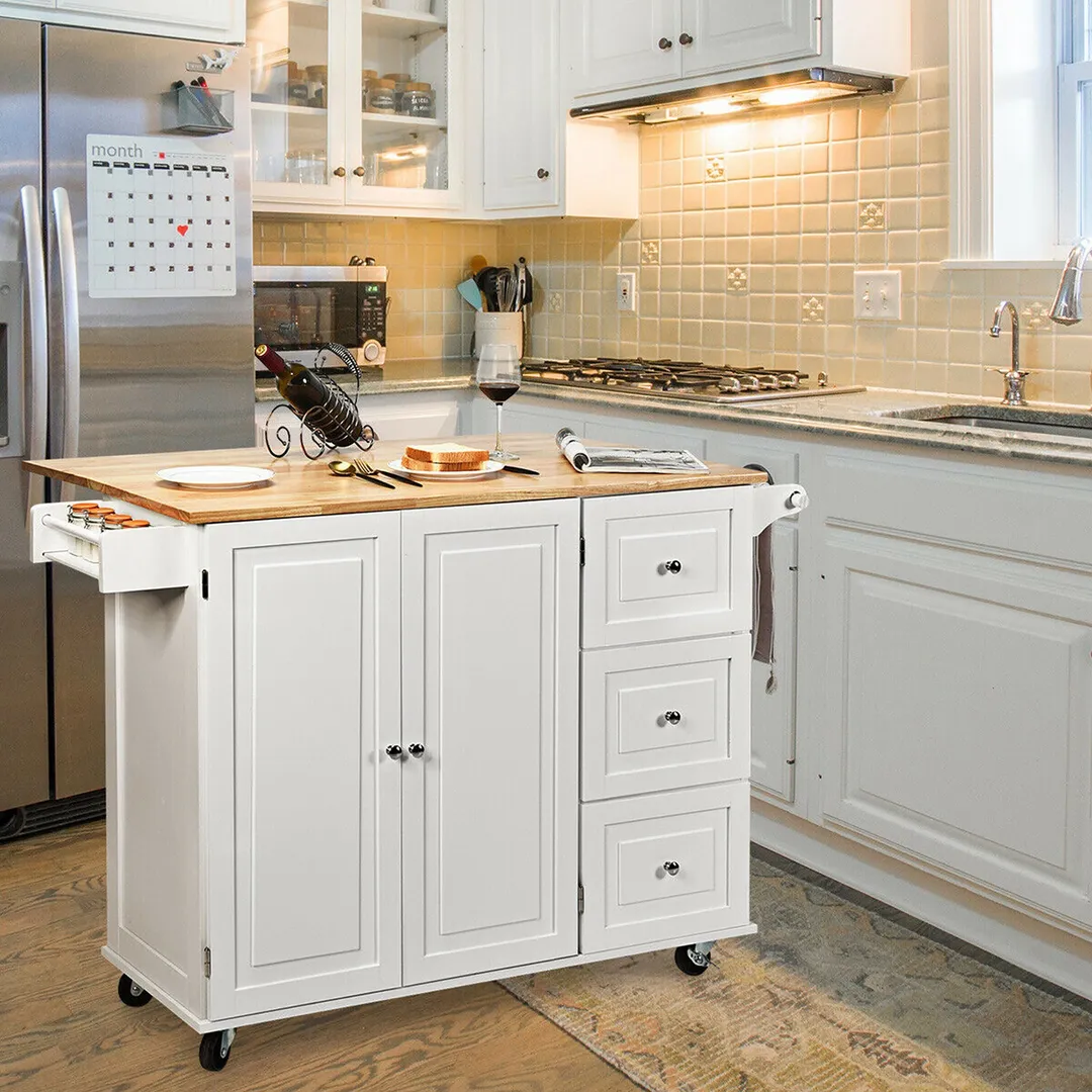 Goplus White Wood Base with Wood Top Rolling Kitchen Cart (30-in x 53.5-in x 36-in), photo 9 of 10