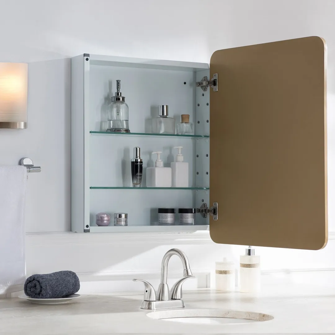 allen + roth 20-in x 26-in Surface/Recessed Mount Gold Mirrored Soft Close Medicine Cabinet, photo 9 of 12