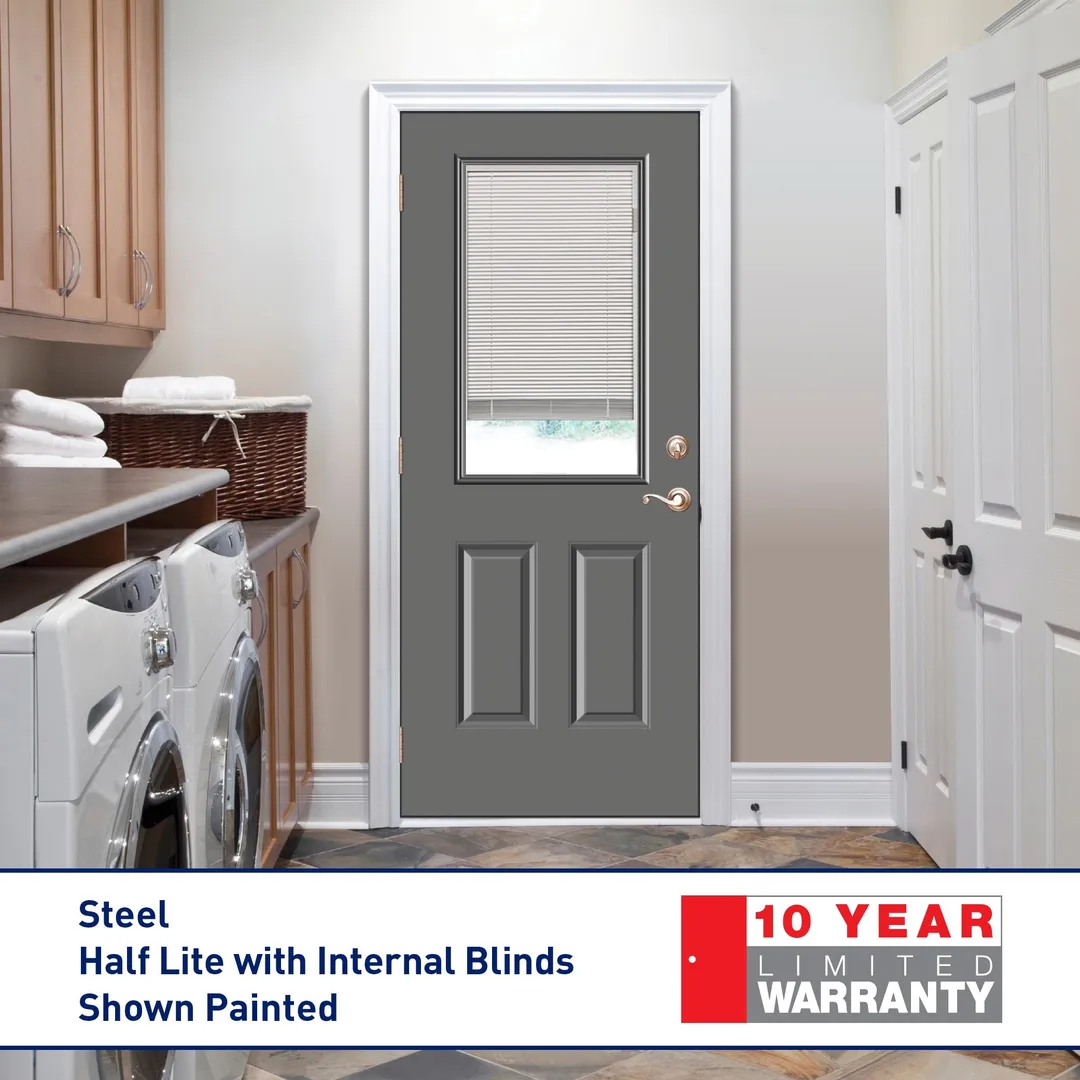 Therma-Tru Benchmark Doors 32-in x 80-in Steel Half-Lite Left-Hand Inswing Ready-to-Paint Unfinished Prehung Front Door with Brickmould and Internal Blinds, photo 3 of 9