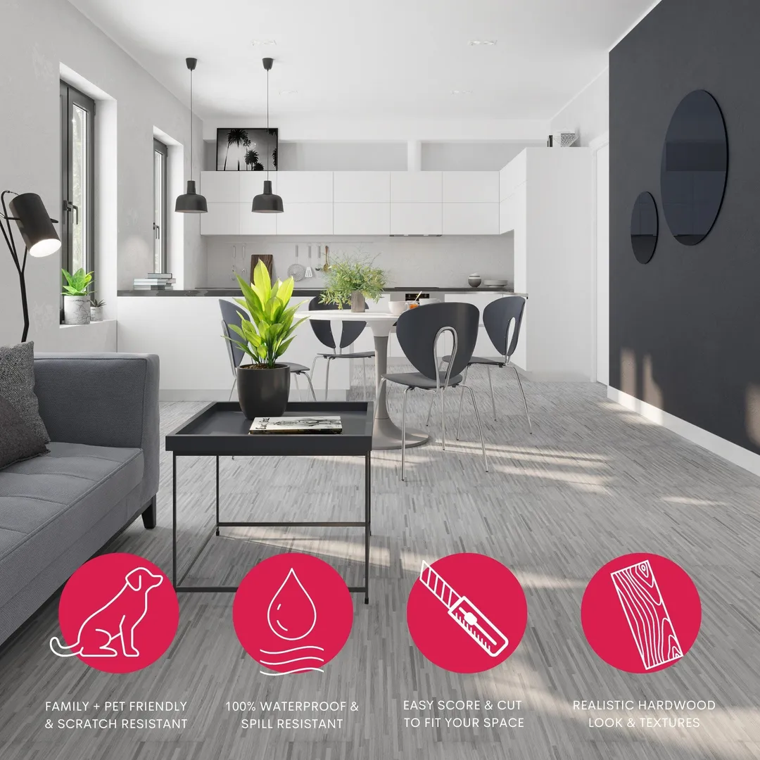 Lucida USA BaseCore Light Grey Gray 12-mil x 6-in W x 36-in L Waterproof Peel and Stick Vinyl Plank Flooring (54-sq ft/ Piece), photo 6 of 10