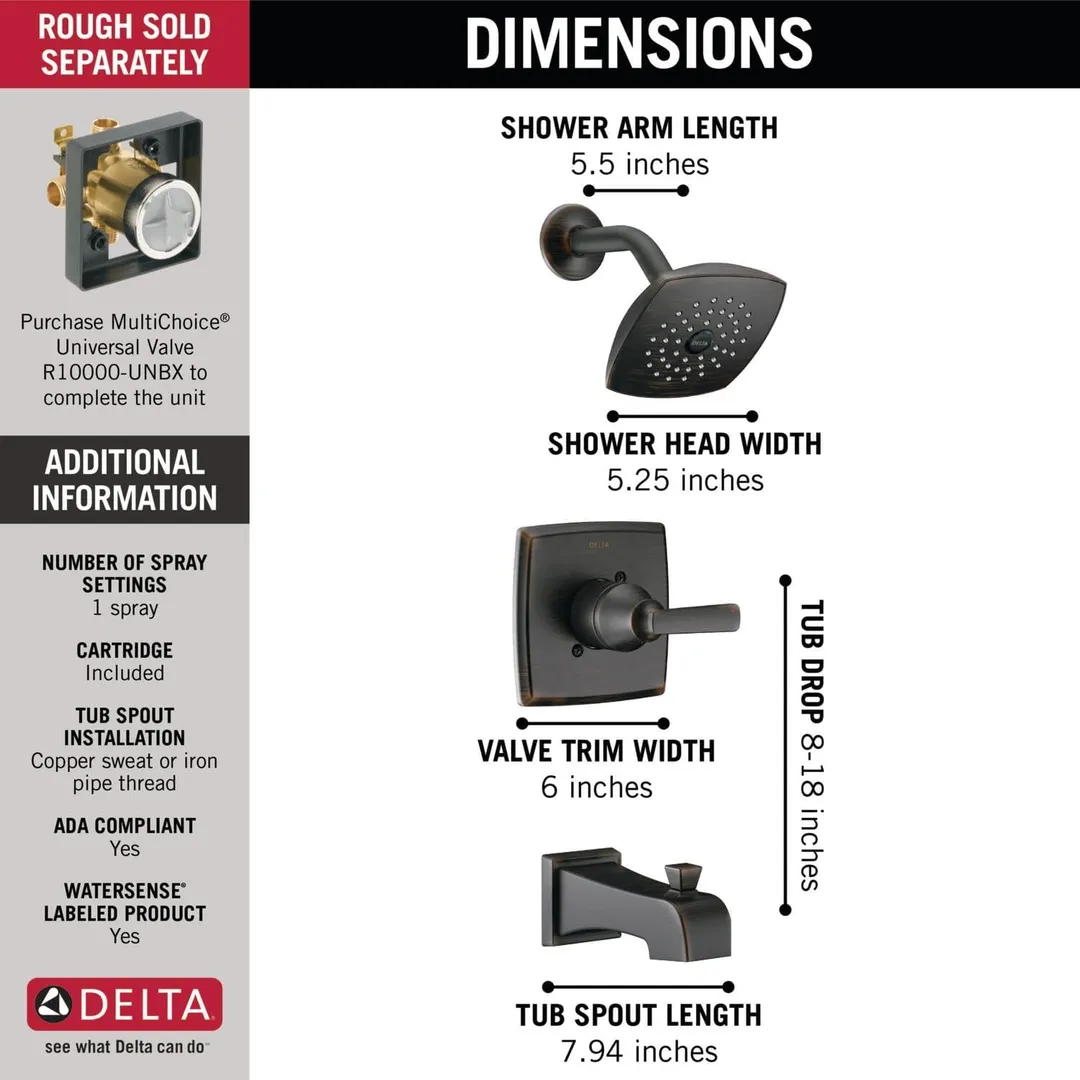 Delta Ashlyn Venetian Bronze 1-Handle Bathtub and Shower Faucet, 14 Series Trim Kit, T14464-RB (Valve Not Included), photo 3 of 7