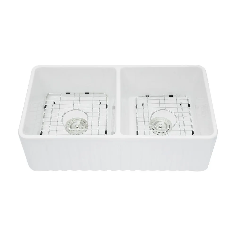 Fireclay 33 in. 50/50 Double Bowl Farmhouse/ Apron-Front Porcelain Ceramic Kitchen Sink in White, photo 2 of 8