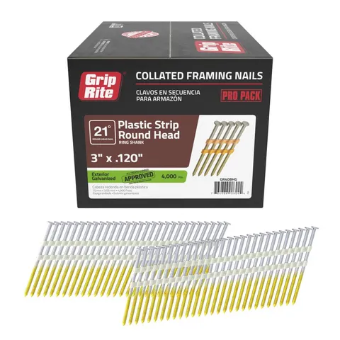 21 Degree Plastic Strip Round Head Framing Nails Hot Dipped Ring Shank .120" Mill 3" 4M/Box