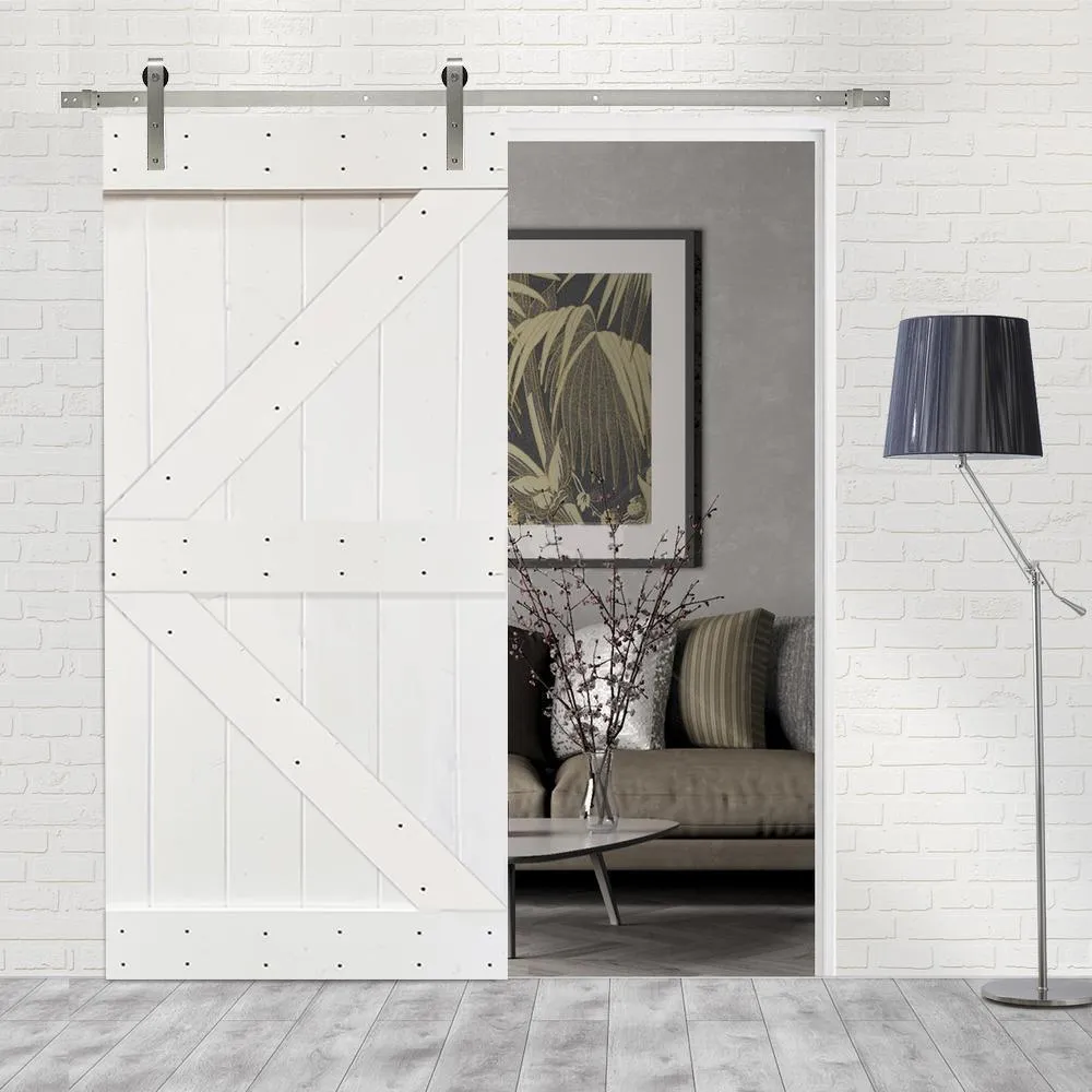 CALHOME K Series 30 in. x 84 in. White Knotty Pine Wood Interior Sliding Barn Door with Stainless Steel Hardware Kit, photo 4 of 6