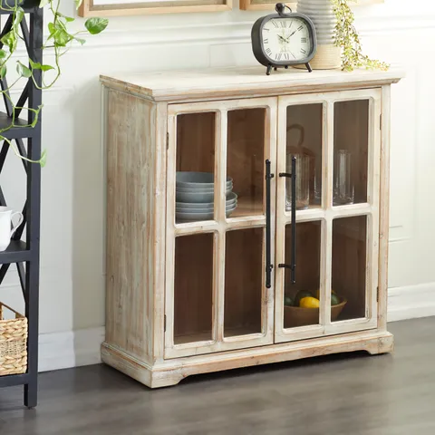 Brown 1 Shelf and 2 Doors with Glass Front Panels Pine Accent Chest
