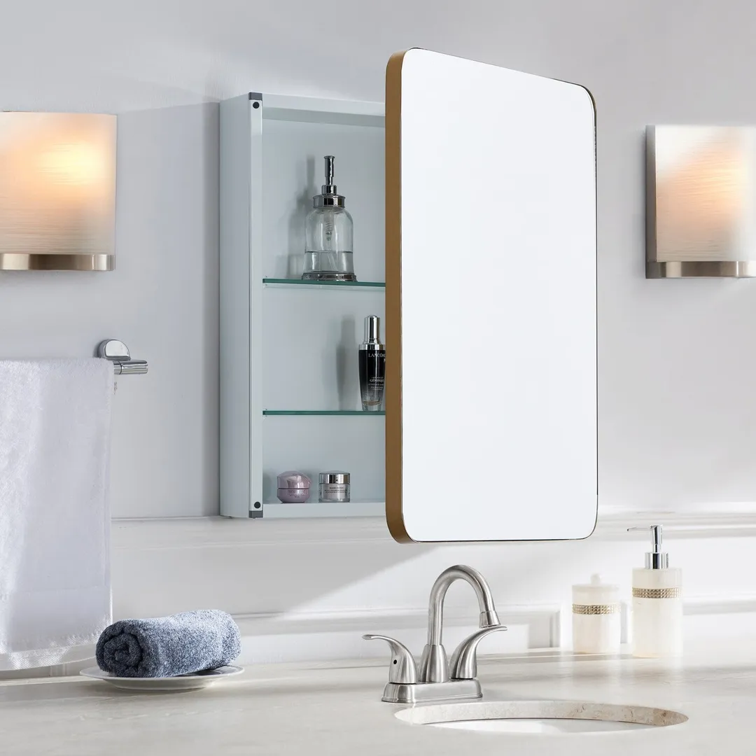 allen + roth 20-in x 26-in Surface/Recessed Mount Gold Mirrored Soft Close Medicine Cabinet, photo 8 of 12