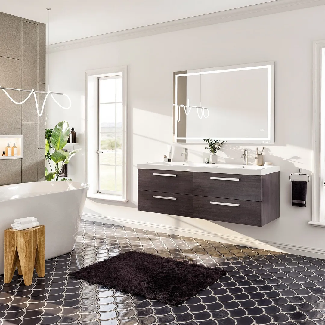 Eviva Surf 57 in. W x 19 in. D x 24 in. H Gray Oak Floating Bathroom Vanity with White Acrylic Double Sink Top, photo 3 of 6