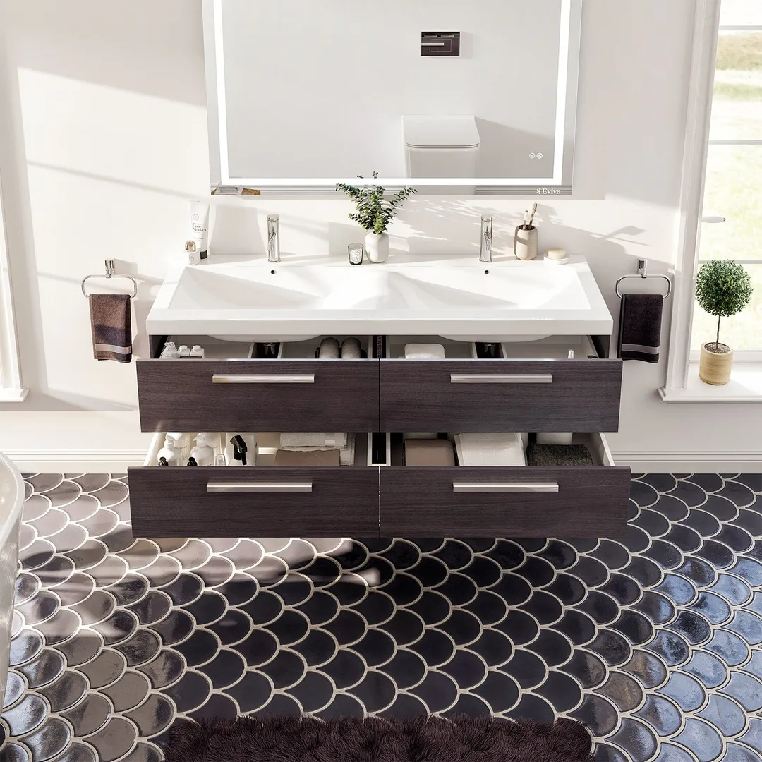 Eviva Surf 57 in. W x 19 in. D x 24 in. H Gray Oak Floating Bathroom Vanity with White Acrylic Double Sink Top, photo 4 of 6