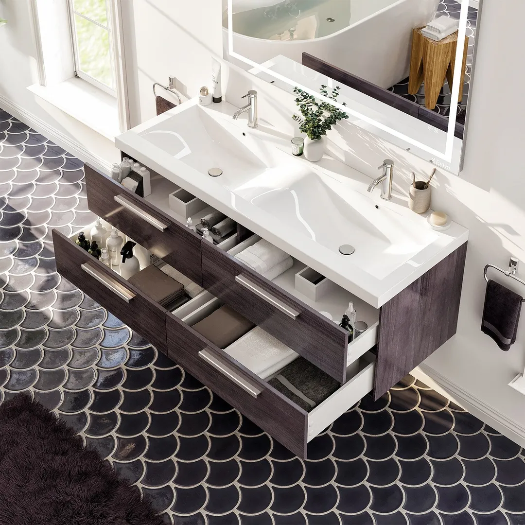 Eviva Surf 57 in. W x 19 in. D x 24 in. H Gray Oak Floating Bathroom Vanity with White Acrylic Double Sink Top, photo 5 of 6