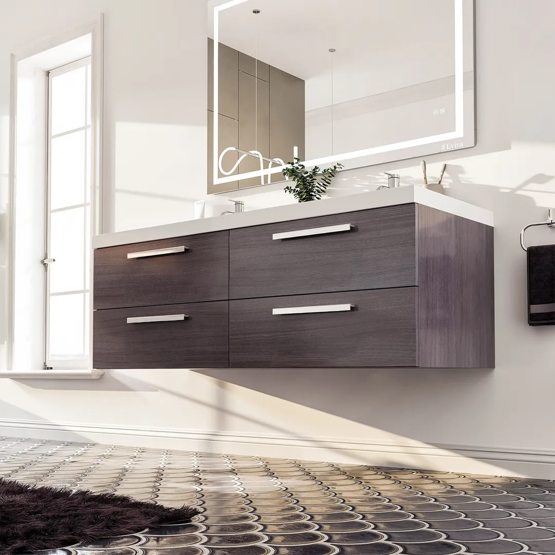 Eviva Surf 57 in. W x 19 in. D x 24 in. H Gray Oak Floating Bathroom Vanity with White Acrylic Double Sink Top, photo 6 of 6