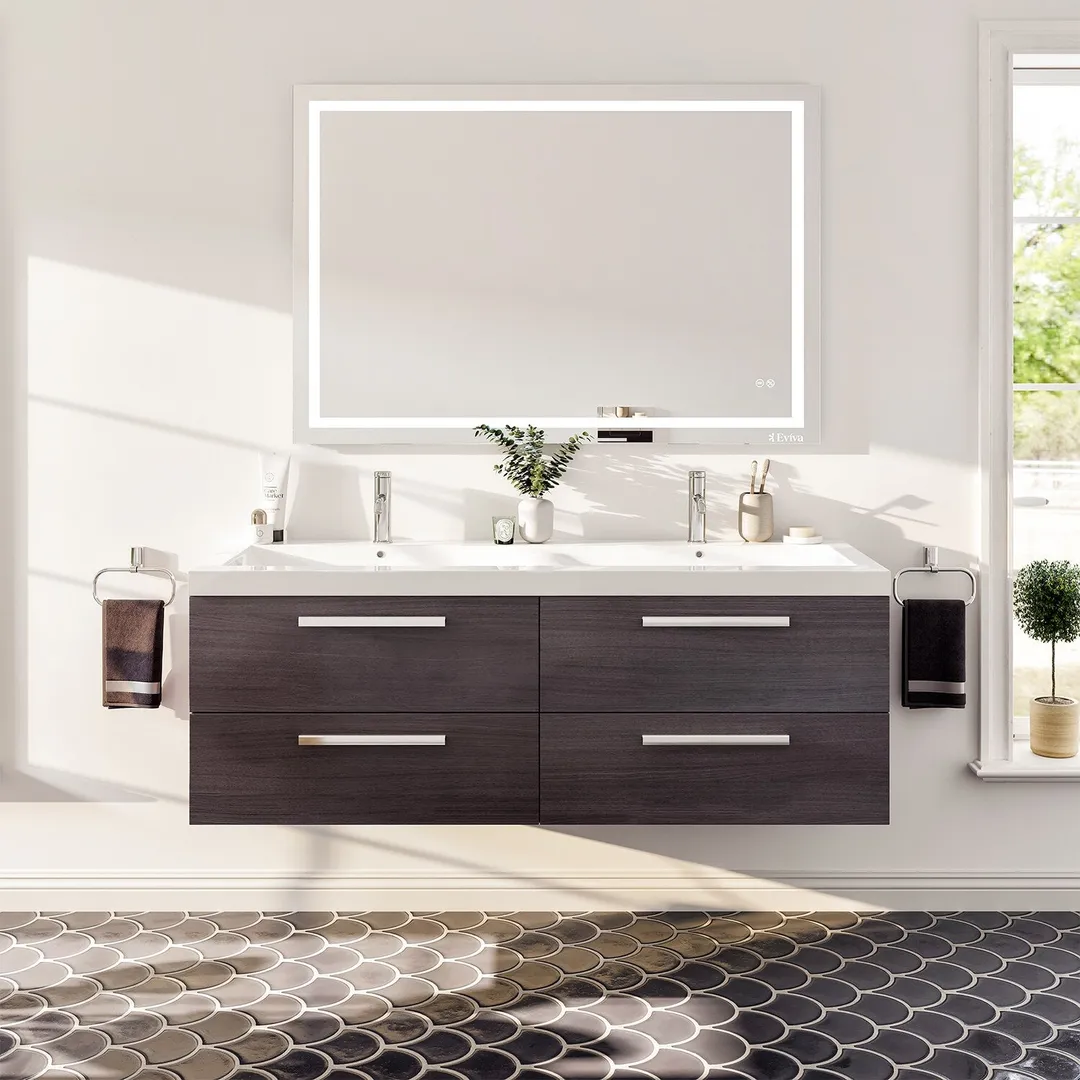 Eviva Surf 57 in. W x 19 in. D x 24 in. H Gray Oak Floating Bathroom Vanity with White Acrylic Double Sink Top, photo 2 of 6