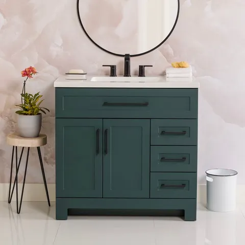 Cauley 36-in Viridian Green Single Sink Bathroom Vanity with White Cultured Marble Top