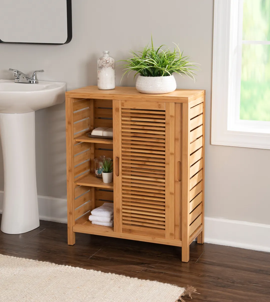 Linon Bracken 26-in x 33-in x 11-in Natural Bamboo Wood Freestanding Linen Cabinet, photo 9 of 11