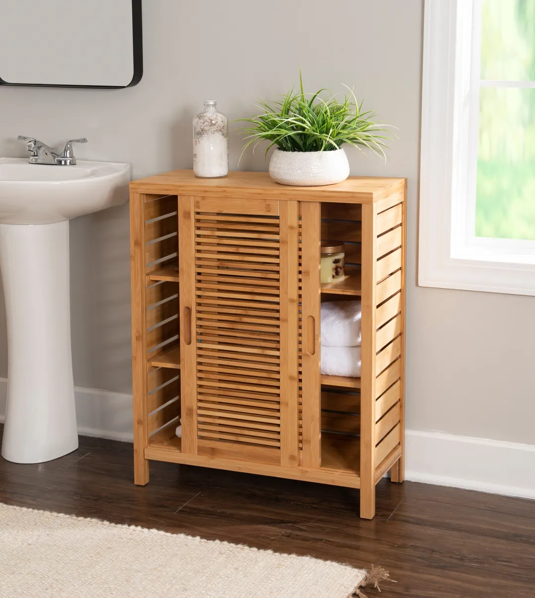 Linon Bracken 26-in x 33-in x 11-in Natural Bamboo Wood Freestanding Linen Cabinet, photo 8 of 11