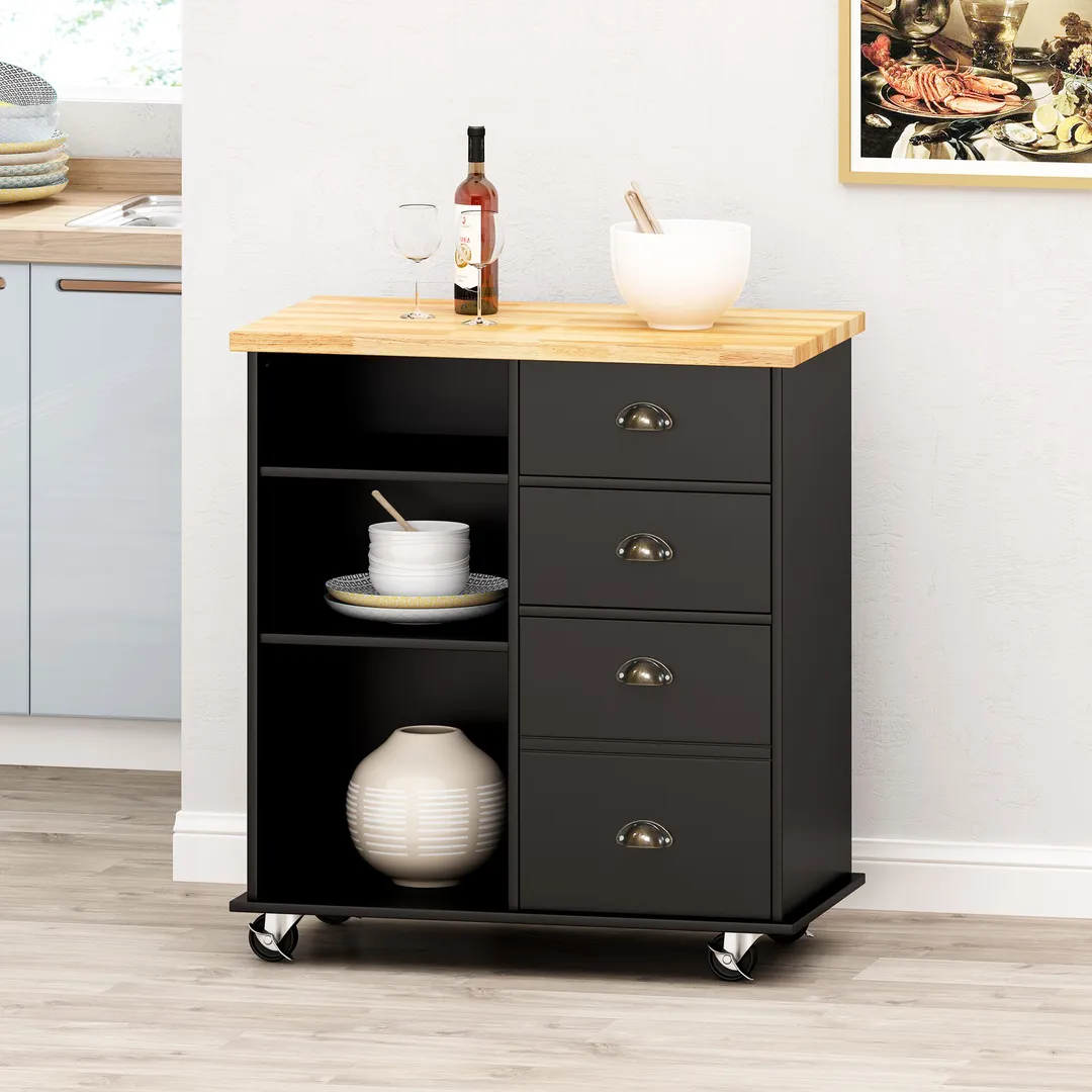 Best Selling Home Decor Black Mdf Base with Wood Top Rolling Kitchen Cart (17.75-in x 31.5-in x 34.5-in), photo 5 of 11