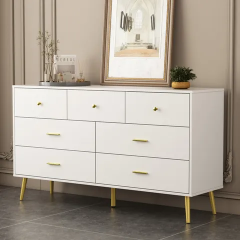 Contemporary/Modern White Sideboard with 7 Drawers - Ample Storage Space - Durable Construction - Multi-Purpose Cabinet