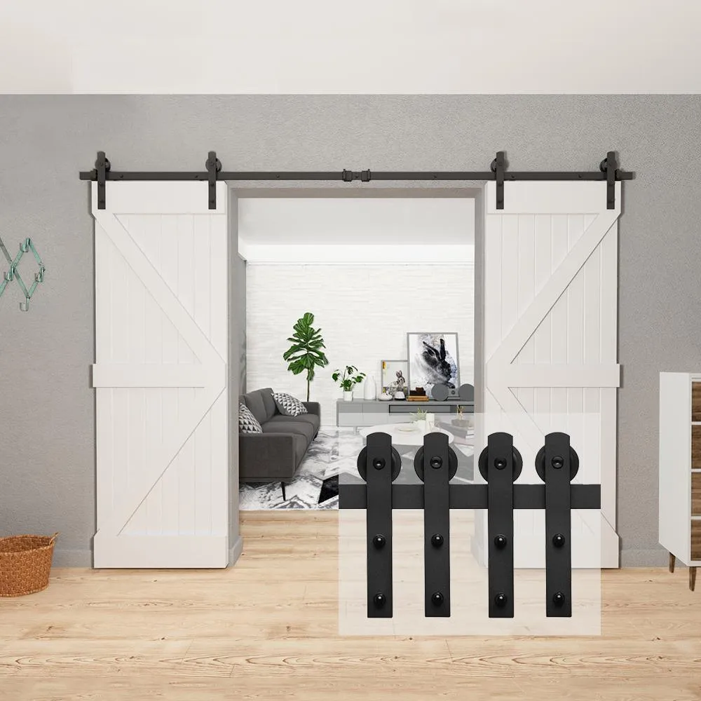 10 ft./120 in. Black Steel Straight Strap Sliding Barn Door Track and Hardware Kit for Double Doors with Floor Guide, photo 2 of 7