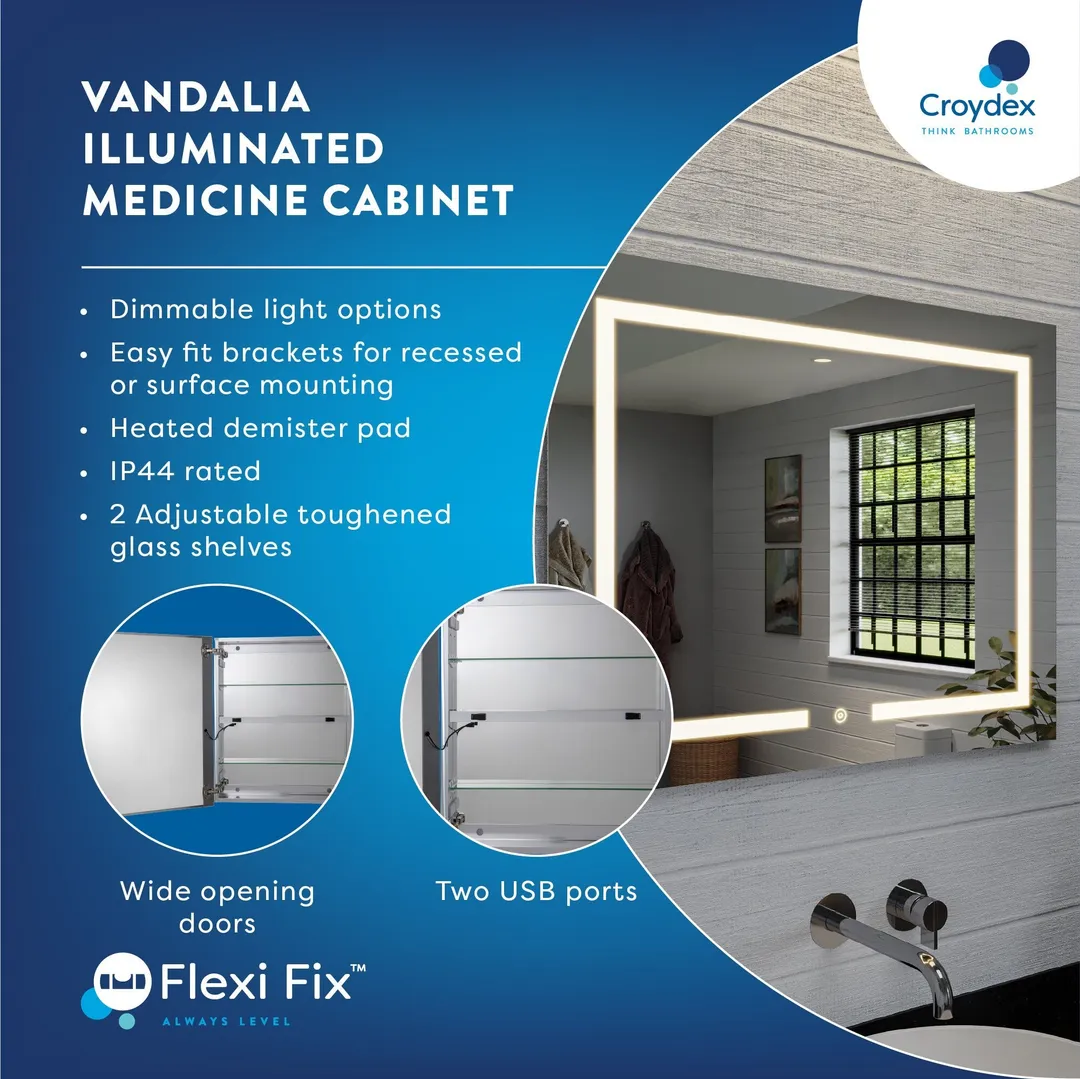 Croydex 24-in x 30-in Lighted LED Fog Free Surface/Recessed Mount Silver Mirrored Soft Close Medicine Cabinet with Outlet, photo 9 of 13