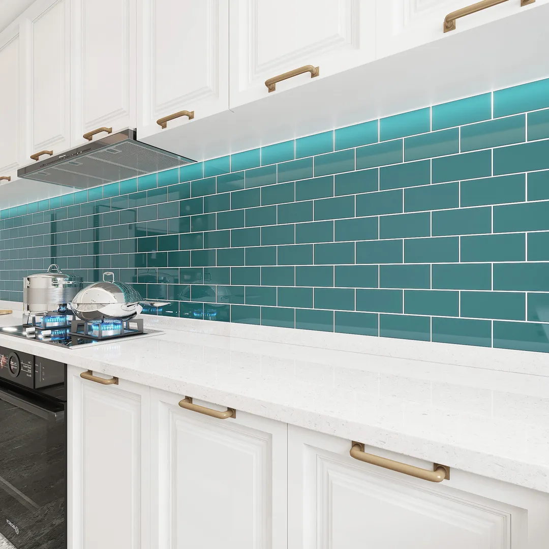 Giorbello (Sample) 3x6 Glass Subway Tiles Dark Teal 3-in x 6-in Glossy Glass Brick Subway Wall Tile, photo 4 of 5