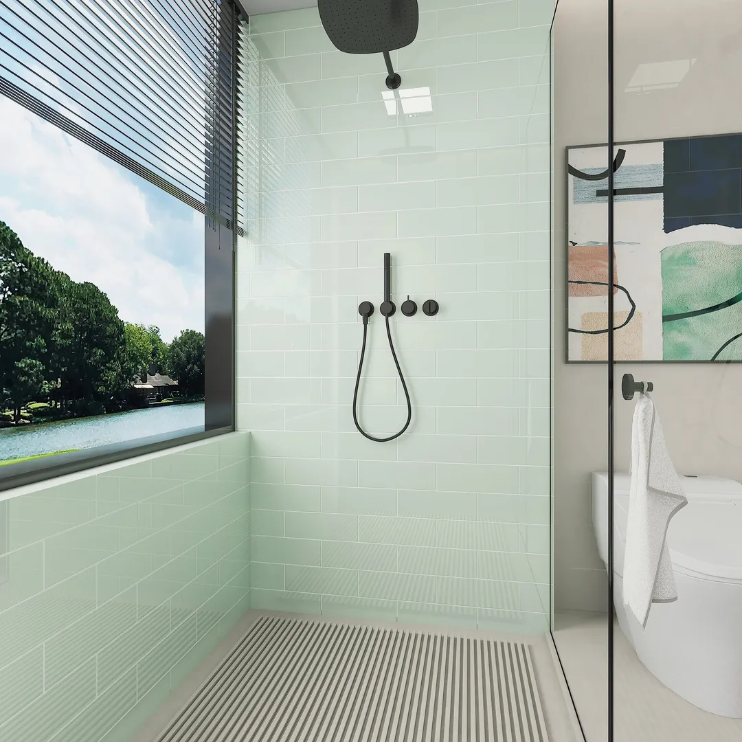Giorbello (Sample) 4x12 glass subway tiles Winter Sage 4-in x 12-in Glossy Glass Brick Subway Wall Tile, photo 3 of 6