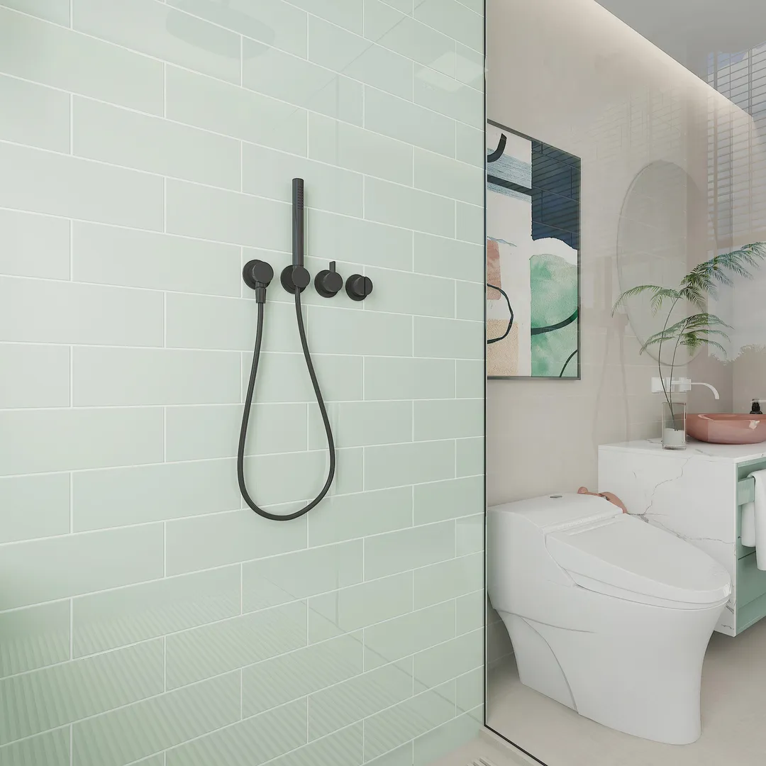Giorbello (Sample) 4x12 glass subway tiles Winter Sage 4-in x 12-in Glossy Glass Brick Subway Wall Tile, photo 5 of 6